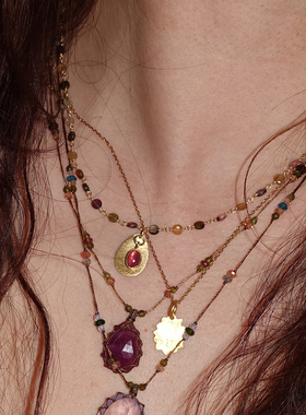 PinkSunset卢比莱粉碧玺金币925银镀金项链