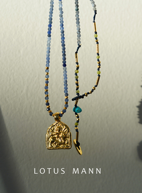 战神.尚武.银镀金渐变方钠石睡美人蓝松石多角度编绳项链