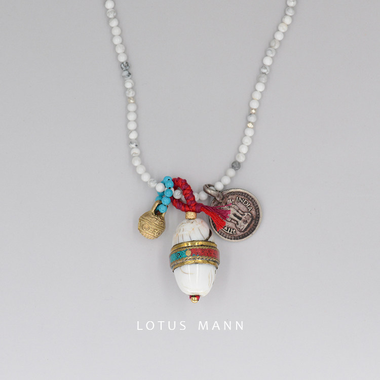 老贝壳旧钱币流苏与白松石925银项链硬币lotus mann