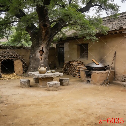 主播直播间乡村土房3D背景墙布