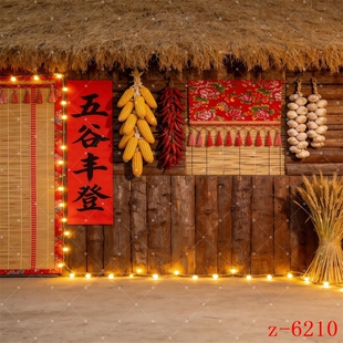 主播直播背景布农村晚上夜景复古农家乐五谷丰登竹帘草屋摄影画布