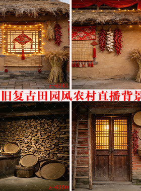 主播直播背景布怀旧复古田园风农村农家院劈柴墙带货挂画背景布3d