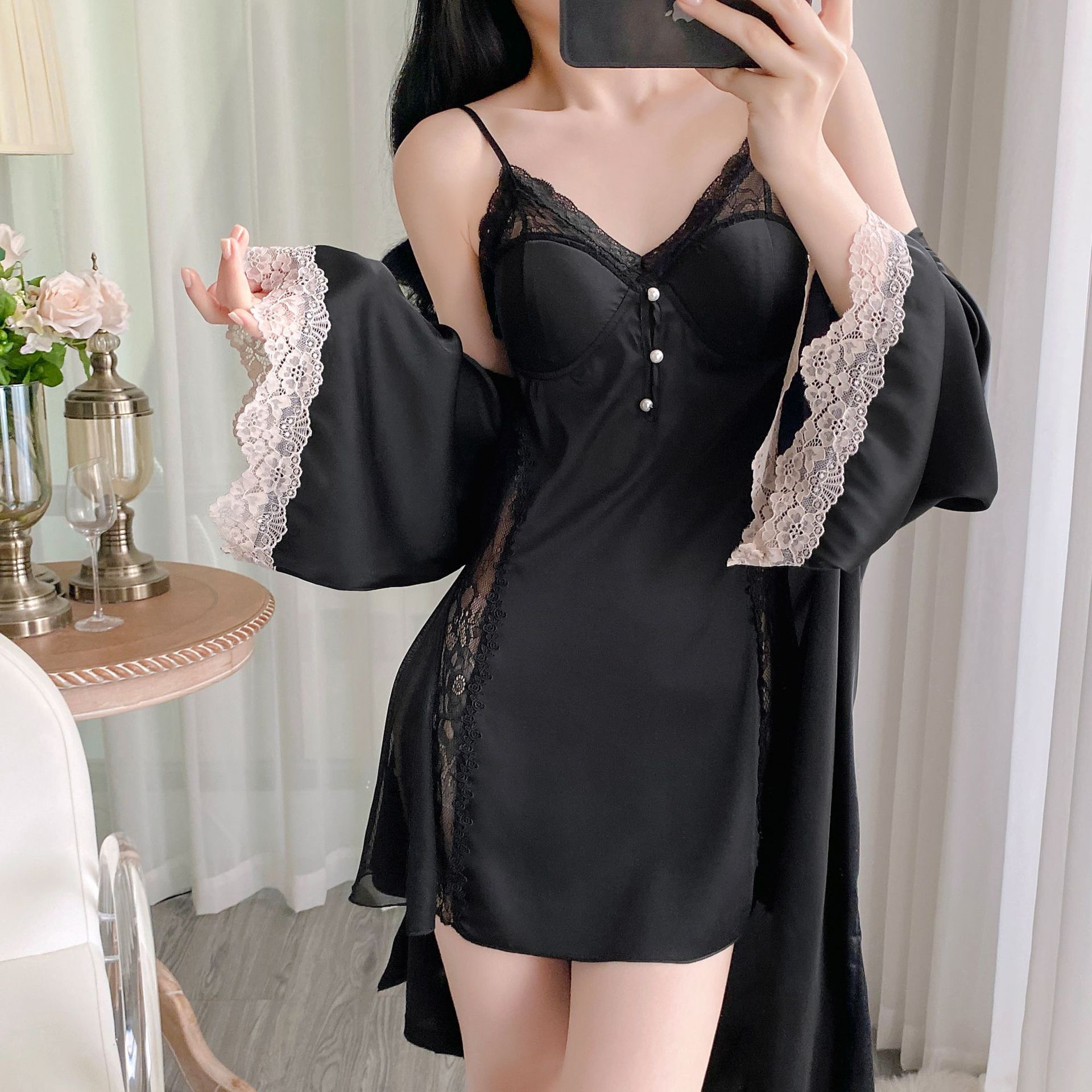 性感睡衣女款夏季冰丝薄款高级感蕾丝吊带睡裙家居服套装