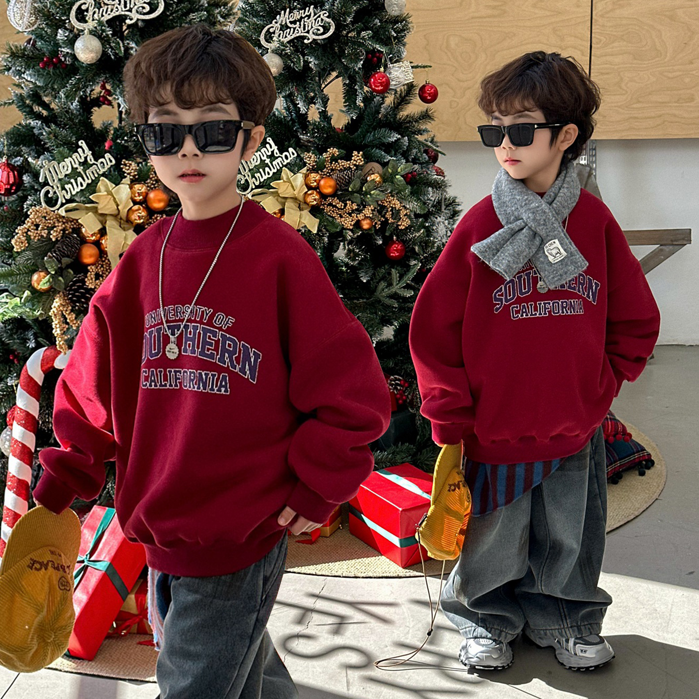 森许男童卫衣秋冬款儿童加绒保暖圆领上衣2025新款圣诞红色年服