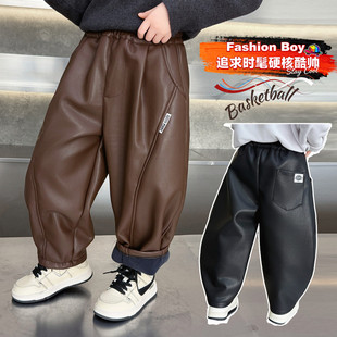 男童加绒一体绒皮裤冬季儿童中小童男宝宝加厚防水防寒保暖束脚裤