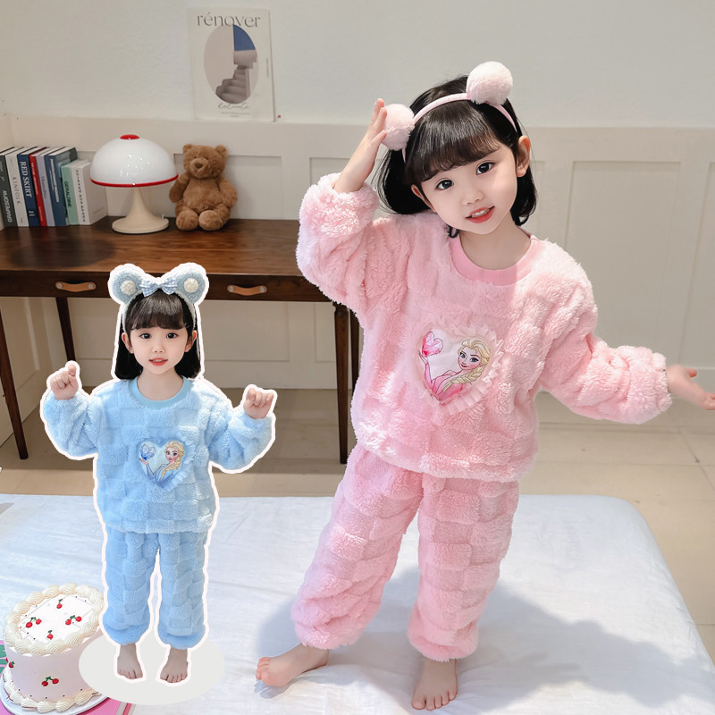 女宝宝加绒内衣家居服套装秋冬季