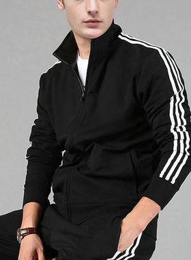 男卫衣运动服新款三条杠休闲春秋冬装外套单衣潮流夹茄克立领上衣
