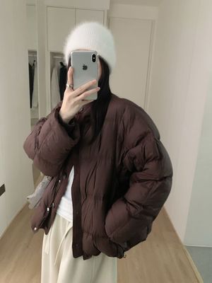 2025冬新款宽松拼接V领短款羽绒服女小个子面包服外套