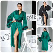 睡袍缎面长款 Women 水溶花腰封喇叭袖 Nightgown 系带轻奢家居服