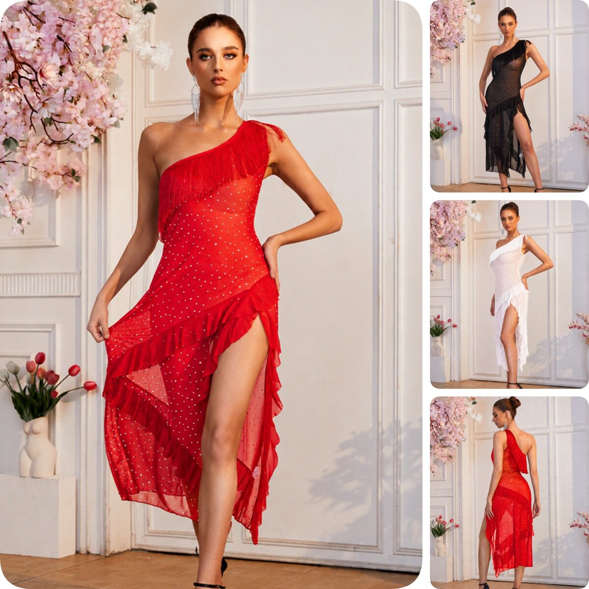 Sequin Mesh Midi Dress 性感网纱亮片荷叶边不规则斜肩连衣裙