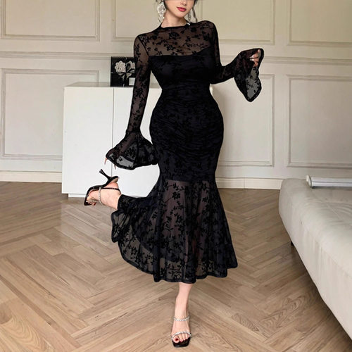 喇叭袖网纱植绒包臀鱼尾裙晚礼服