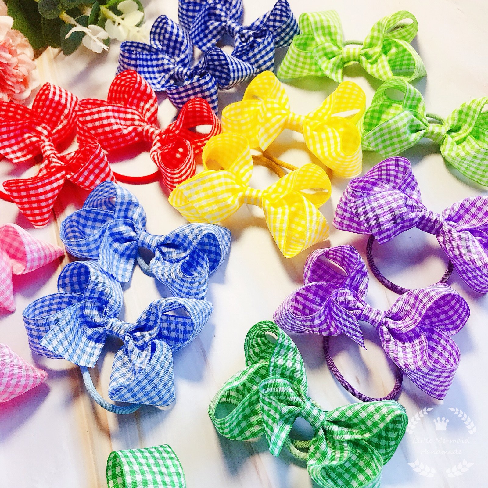 小人鱼手作儿童女童发饰清新色格子蝴蝶结双马尾发圈不伤发绳头饰