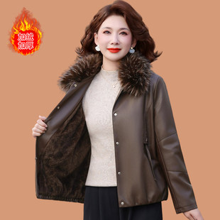 妈妈冬装PU皮衣外套加绒加厚棉衣中老年女装软皮夹克短款毛领棉袄