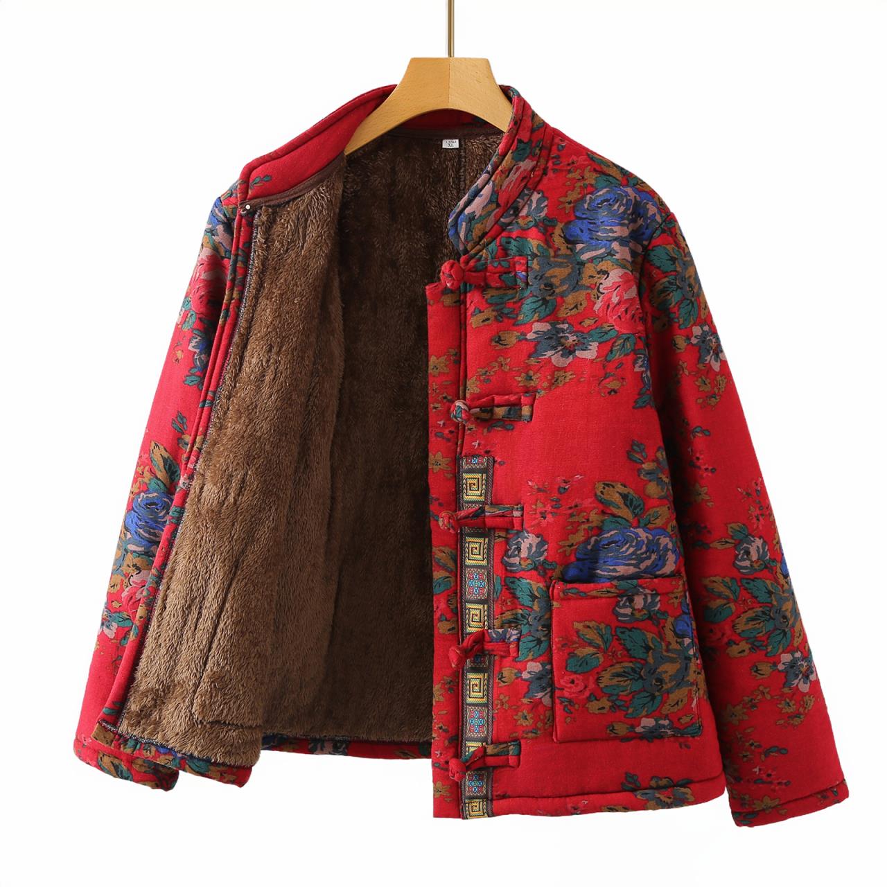 夹棉加绒棉服复古民族风宽松大码网红东北老花布棉麻妈妈装小棉袄