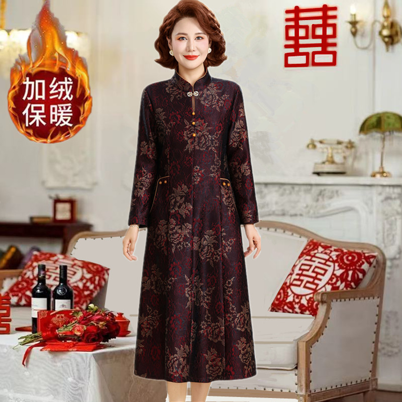 妈妈秋冬装加绒改良旗袍加厚连衣裙506070岁中老年新中式打底裙子