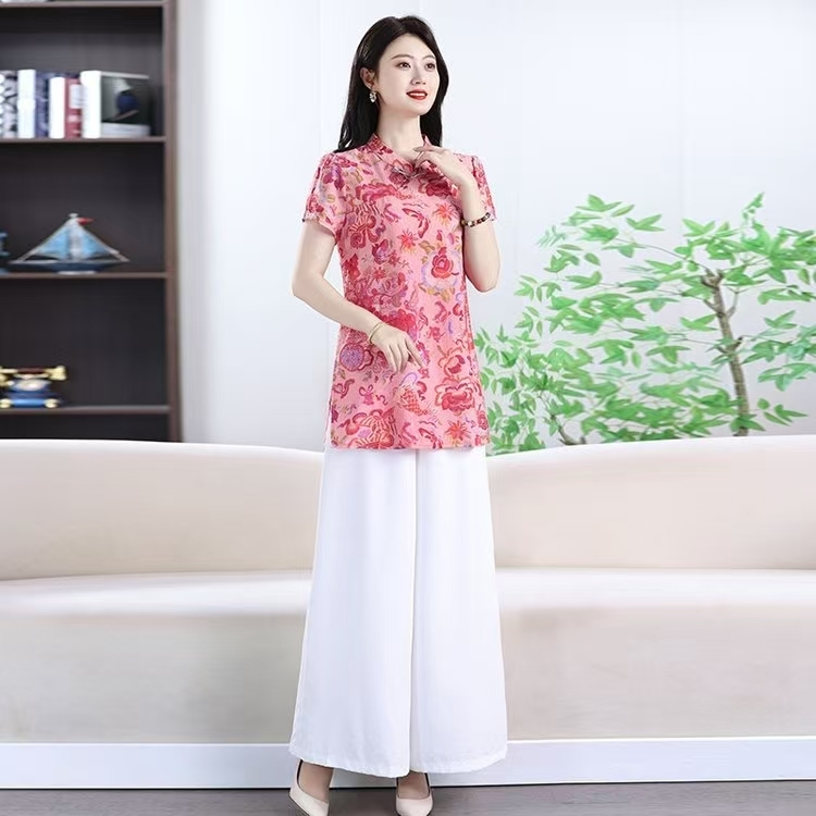 新中式复古盘扣改良旗袍套装女夏新款高级感时尚休闲阔腿裤两件套