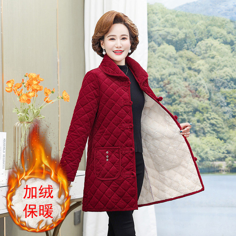 妈妈装冬季灯芯绒加绒盘扣棉衣中年女中长款时尚宽松纯色保暖棉袄