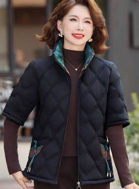 妈妈装半袖棉服马甲冬季外穿加绒加厚短袖棉衣中老年女装马夹外套