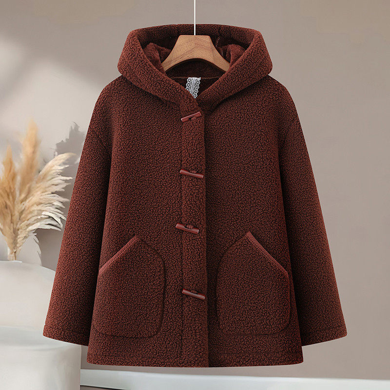 中老年女冬装加厚保暖休闲颗粒绒百搭棉衣服妈妈装连帽羊羔绒外套