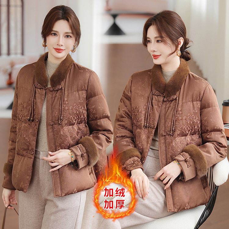 2025新中式轻熟高级感毛领棉袄女秋冬新款中国风提花盘扣保暖棉服