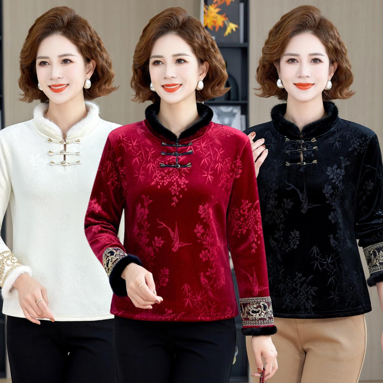 中年女妈妈秋冬装加绒保暖打底衫加厚旗袍上衣洋气新中式国风唐装