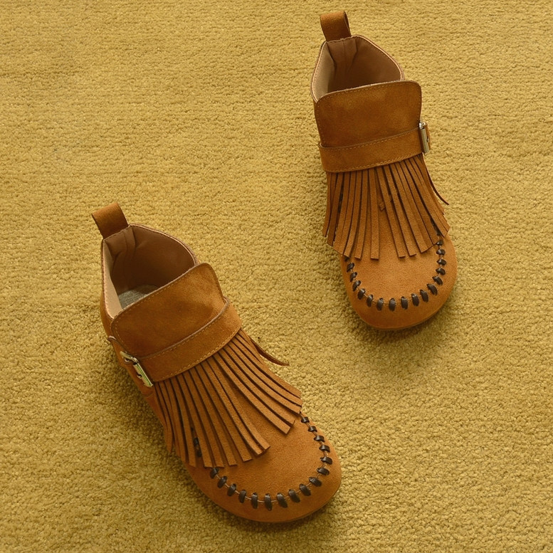 包邮2026新款外贸春秋真皮短靴平底马丁靴流苏时装靴及踝靴女鞋子