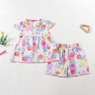 短裤 新款 女童短袖 套装 两件套卡通印花宝宝家居服睡衣 儿童夏装