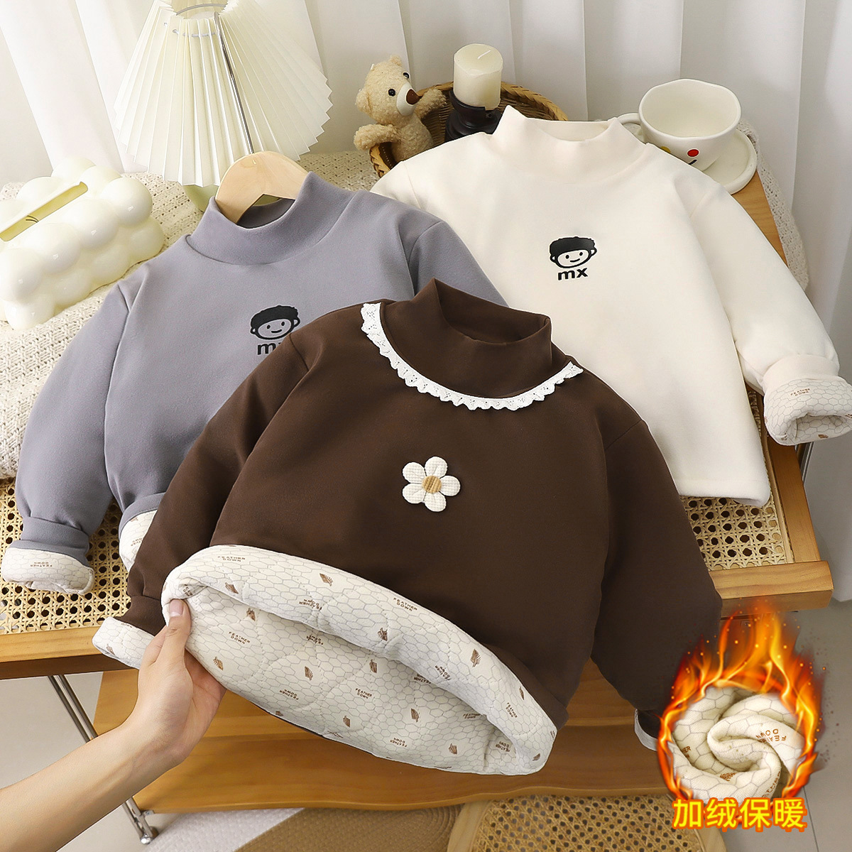 儿童秋冬新款加绒加厚卫衣男女童卡通单上衣中小童夹棉打底衣