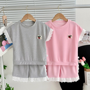 短袖 薄款 短裤 可爱樱桃花边家居服睡衣女童新款 两件套 套装 儿童夏季