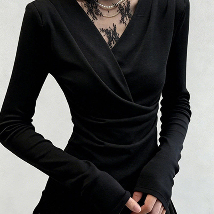 大码半高领蕾丝德绒显瘦打底T恤