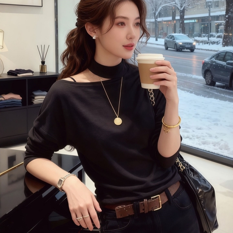 法式高级感挂脖露肩德绒保暖T恤