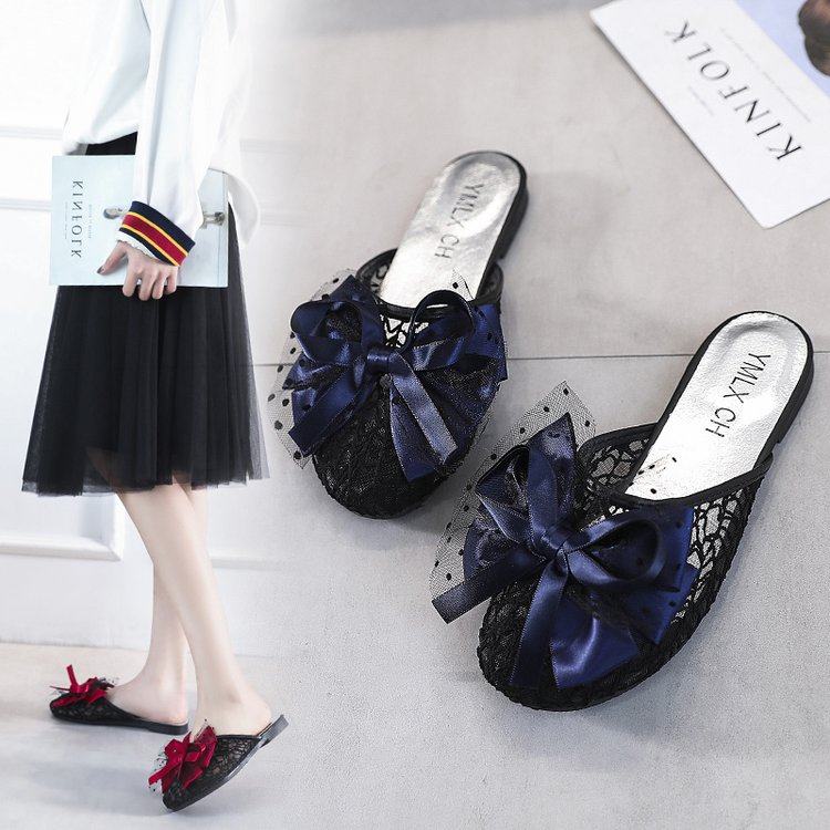 夏季新款平跟女鞋蕾丝蝴蝶结网纱凉拖鞋包头学生平底懒人一字拖鞋