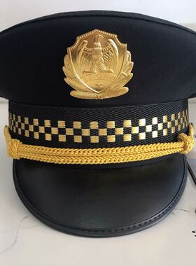 现货黑色保安帽子大盖帽子男式安保大檐帽作训帽金色银色麦穗帽檐