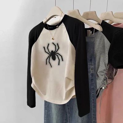 美式复古插肩长袖上衣女学生秋冬季韩版修身短款慵懒风百搭t恤ins