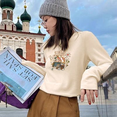 正肩长袖t恤女设计感小众宽松显瘦德绒加厚加绒奶油色上衣秋冬款