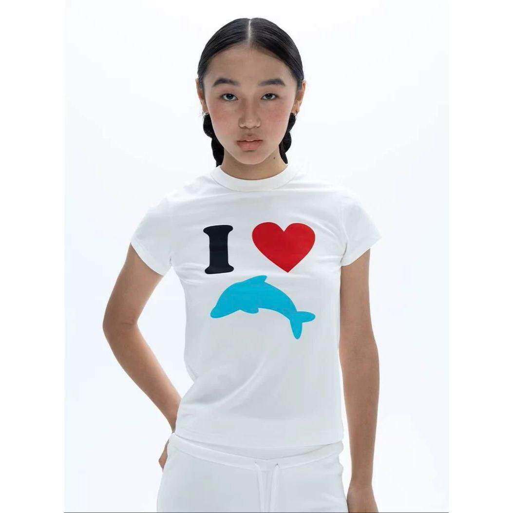 韩国ins小众爱心猫咪海豚卡通正肩纯棉修身显瘦学生高弹短袖T恤女