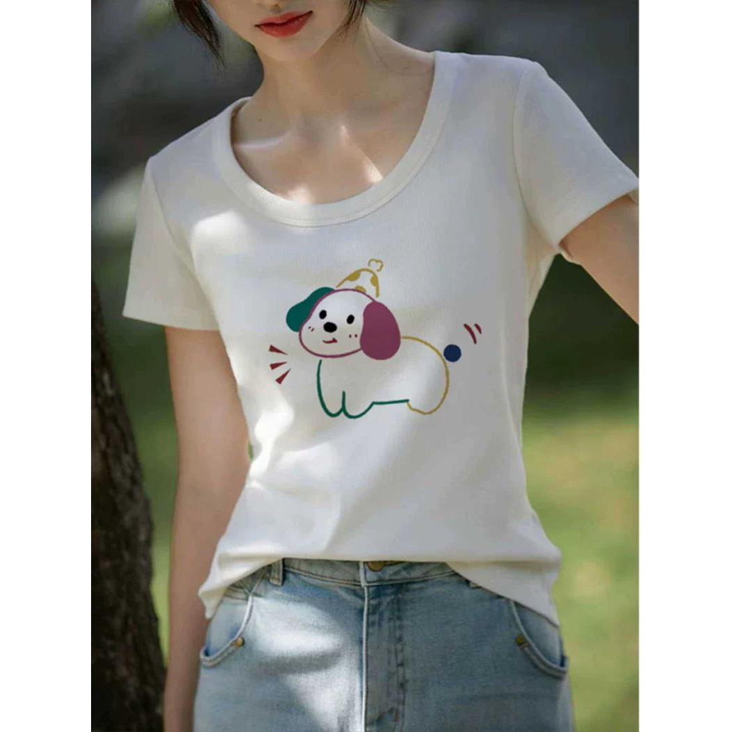 白色u领纯棉短袖t恤女装夏季2025新款修身显瘦设计感小众别致上衣