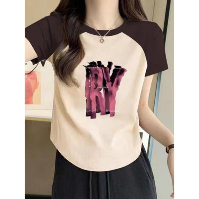 短款小众不规则紧身拼色短袖T恤女2025春新款大码胖mm修身上衣服