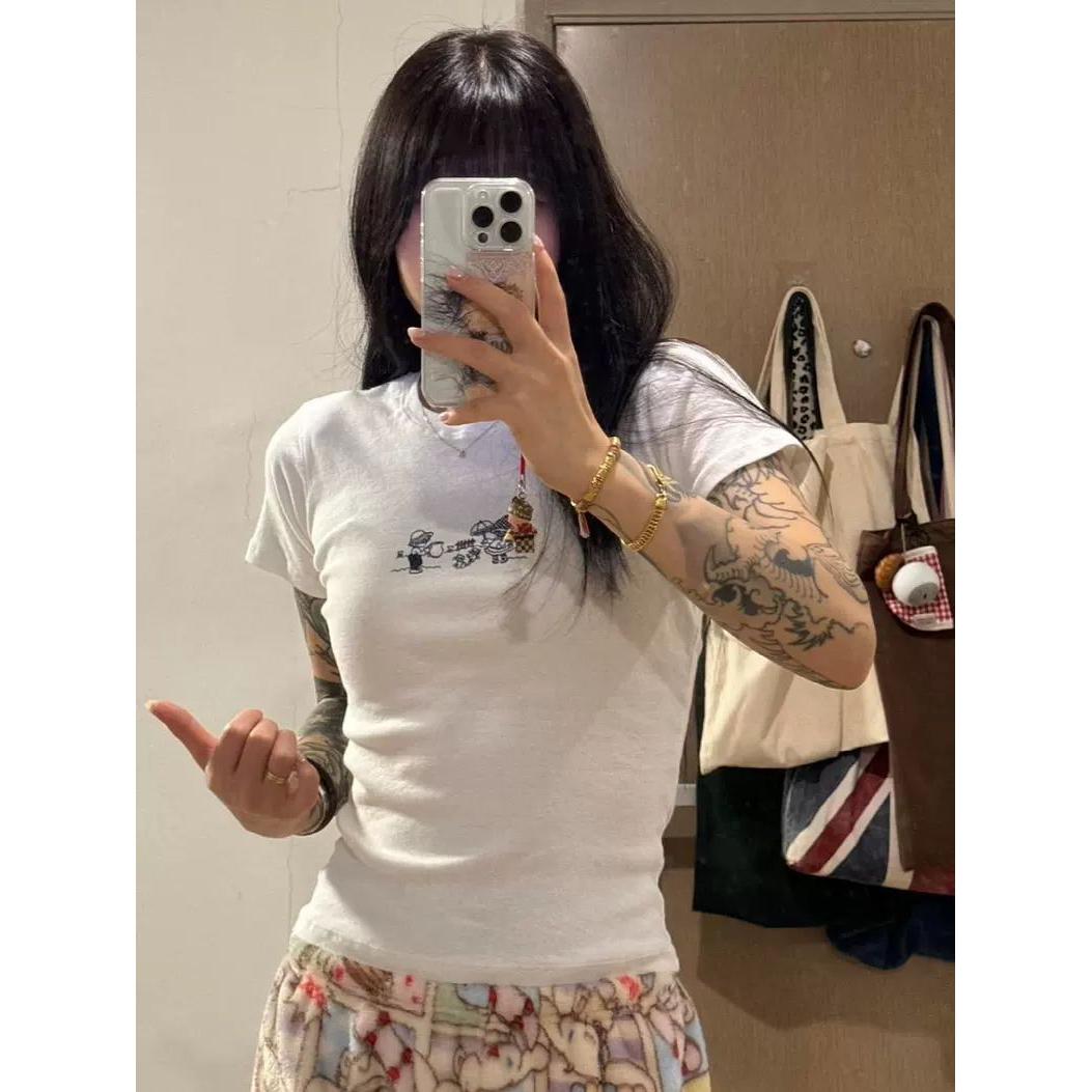 美式甜酷辣妹小众卡通印花短款T恤女夏季修身显瘦正肩短袖上衣ins