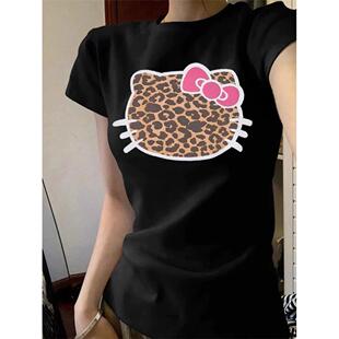 Hellokitty新款辣妹豹纹韩系正肩百搭简约圆领修身纯棉短袖T恤女