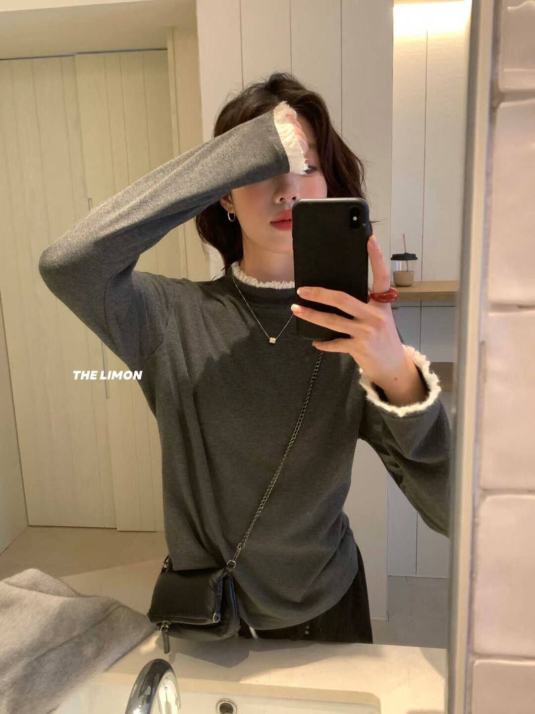 十三行女装冬韩系设计感蕾丝边加绒打底长袖T恤内搭上衣