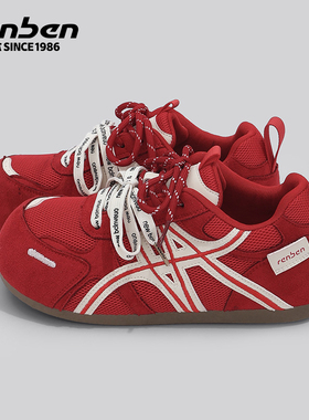 人本红色德训鞋女款2026春夏季新款内增高网面轻便软底设计感板鞋