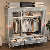 简易布衣柜出租房家用卧室钢架组装 带抽屉双人经济型收纳衣橱柜子