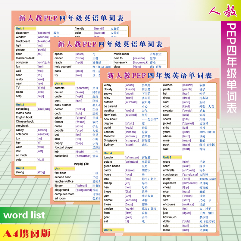 PEP新人教版小学四年级英语单词表音标语法短语搭配贴纸挂图墙贴 玩具/童车/益智/积木/模型 玩具挂图/认知卡 原图主图