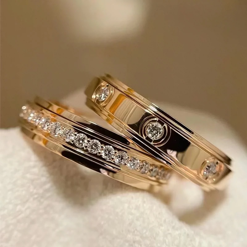 18K玫瑰金时来运转戒指合金镶钻双圈满天星情侣对莫桑钻戒可转动