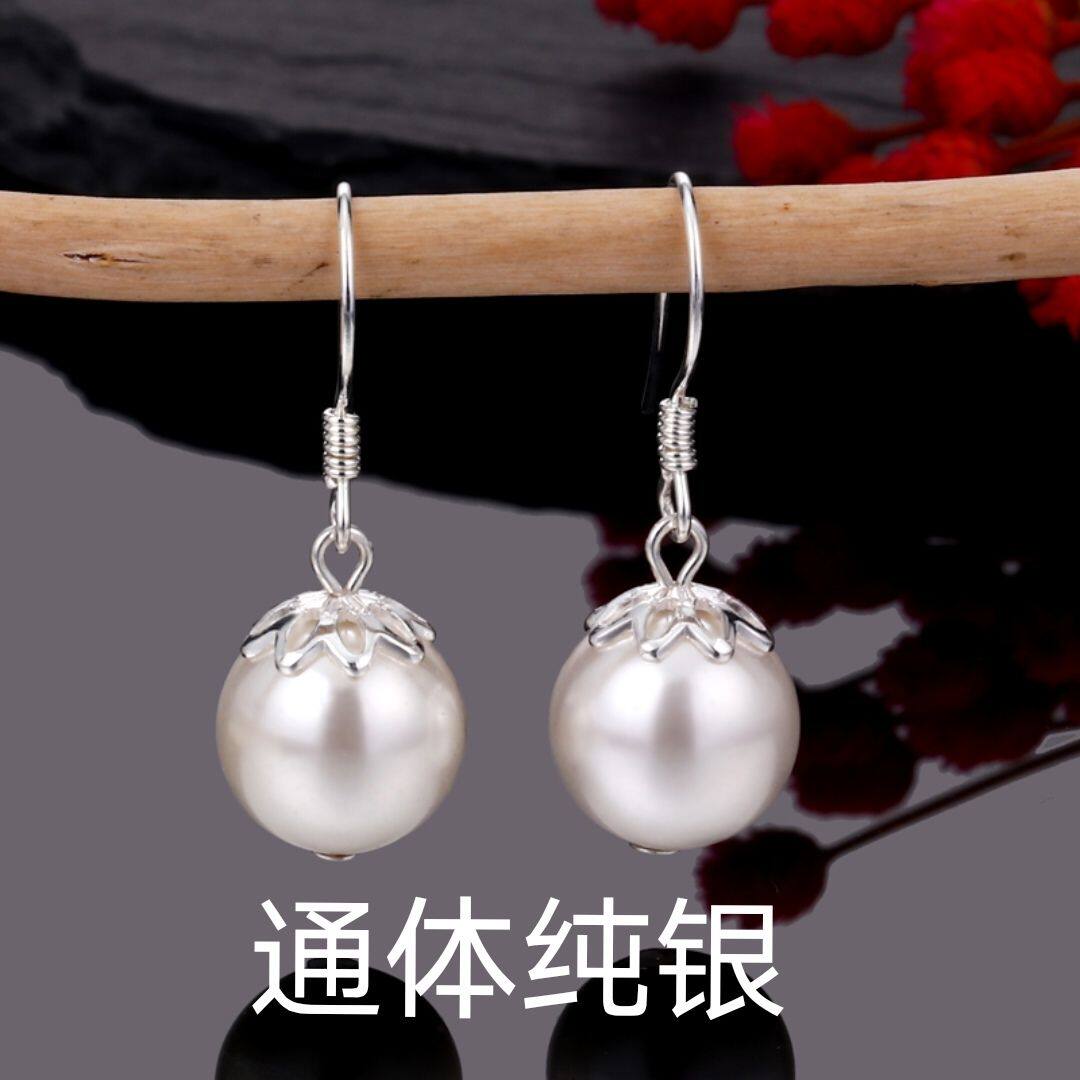 足银S999纯银珍珠耳线耳坠高档耳钉耳钩防短款耳环挂钩银饰女