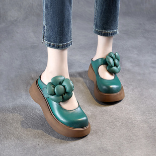 头层牛皮凉拖外穿厚底防水台女鞋露后跟包头拖高跟花朵皮托魔术贴