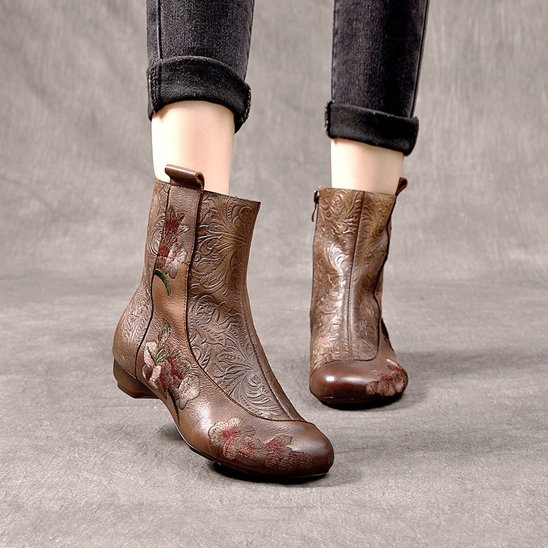 复古民族风绣花女靴真皮软底短靴秋冬低跟皮靴子花朵头层牛皮单靴,女鞋,时装靴,淘宝优惠券,粉丝福利购,淘宝优惠卷