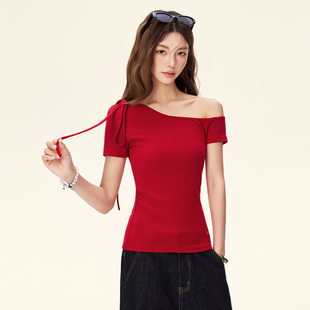 T恤设计感绑带修身 WENTING 斜肩短袖 添香 显瘦辣妹露肩上衣 红袖