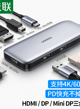 绿联80865 Type-C扩展坞USB-C转HDMI/DP/MiniDP转换4K60Hz拓展坞